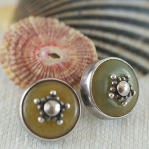 Vintage Sterling Silver Artisan Made Greenish Quartz Sterling Embellishment Post Style Pierced Earrings  .....5167