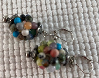 Artisan Made Assorted Gemstone Round Bead Clusters Pierced Earrings…..6621