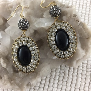Vintage Reproduction Faux Onyx Crystal Clear Rhinestones Large Dangle Cocktail Pierced Earrings....6526