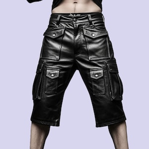 Short cargo homme en cuir de mouton véritable, short butin homme en cuir noir, short pour tenues décontractées en cuir véritable, short motard, short gay, cadeau pour lui