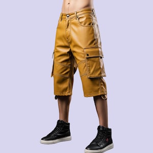 Short cargo en cuir de mouton véritable pour homme, short en cuir jaune pour homme en cuir gay, short de motard élégant dernier cri fait main, cadeau pour lui