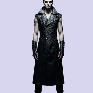 Men&#39;s Black Leather Sleeveless Long Coat | Gothic Vampire Duster Vest | Steampunk Overcoat | Sleeveless Long Coat | Gift For Him