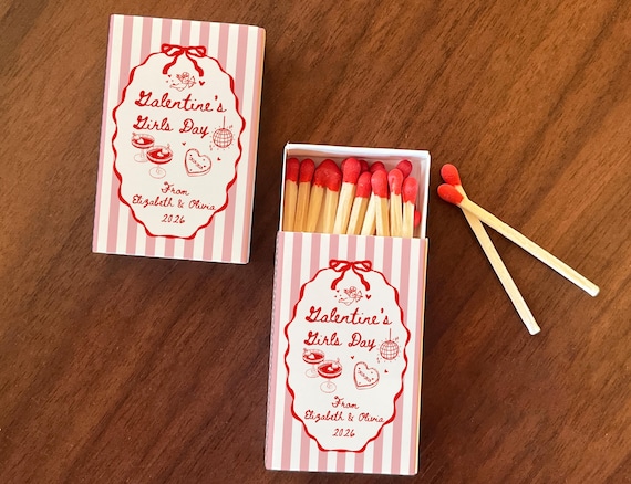 Galentine’s Day Matchbox Favor, Valentine’s Girls Day Party Favors, Personalized pink striped Matchbox, Bestie Gift, Custom Bridesmaid Gifts