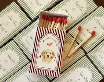 Personalized The Perfect Match Wedding Matchboxes, Custom Dog Sketch Matchbox Favors, Striped Bridal Shower Favors, Reception Guest Gifts