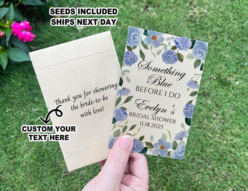 May include: A light blue and white floral design with the text "Something Blue Before I Do Evelyn's Bridal Shower 11.18.2025". The design is on a kraft paper card with a white envelope. The envelope has the text "Thank you for showering the bride-to-be with love! Custom Your Text Here".