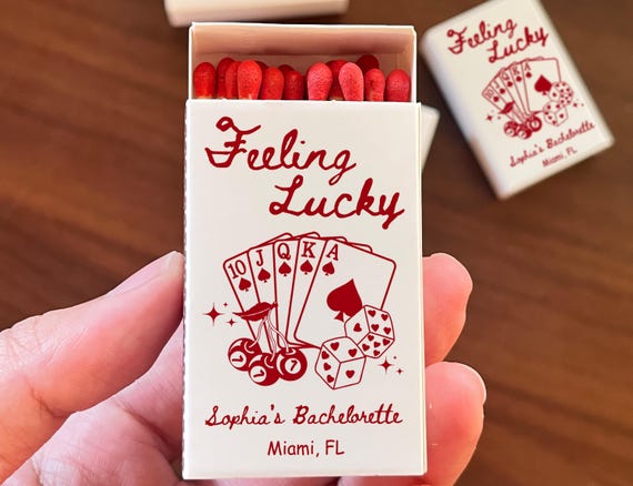 Feeling Lucky Bachelorette Favors • Casino Party Matchboxes • Custom Matchbooks • Vegas Theme Party Gifts • Personalized Bridal Shower Favor