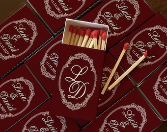 Vintage Burgundy Custom Wedding Matchboxes, Personalized Monogram Matches, Elegant Floral Frame Match Favors, Wedding Guest Gifts