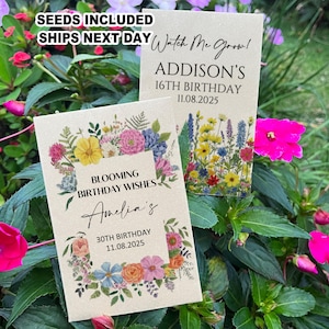 May include: Two seed packet cards with floral designs and text. One reads "Blooming Birthday Wishes Amelia's 30th Birthday 11.08.2025." The other says "Watch Me Grow! Addison's 16th Birthday 11.08.2025." The cards are surrounded by green leaves and pink flowers.