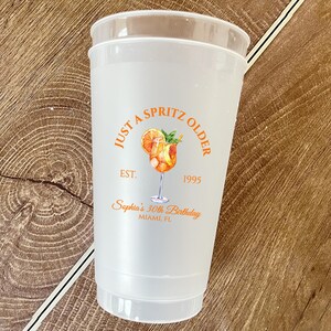 May include: A clear plastic cup with a frosted appearance. The cup features an orange graphic of a cocktail with the text "JUST A SPRITZ OLDER" and "EST. 1995". Below the graphic is the text "Sophia's 30th Birthday, Miami, FL".