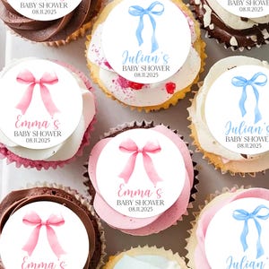 Pink Bow Cake Toppers Baby Shower Edible Cupcake Topper Baby Shower Decorations Gender Reveal First Birthday Edible Topper Happy Birthday