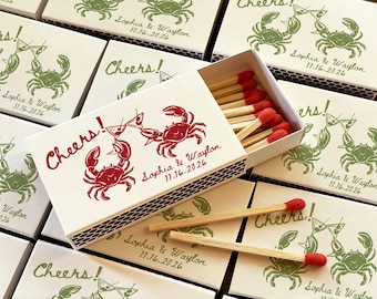 Custom Crab Wedding Matchboxes, Personalized Coastal Matchbook Favors with Couple Names Date, Beach Reception Guest Gifts