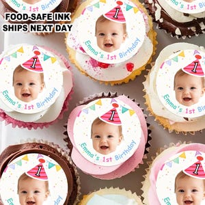 Custom First Birthday Cupcake Toppers, 1st Birthday Baby Face Cake & Dessert Toppers, Edible Photo Cupcake Topper for 1st, 21st, 30th, 40th