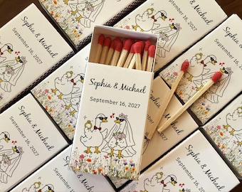 Personalized Goose Wedding Matchboxes, Custom Couple Name Date Matches, Bride and Groom Geese Wedding Favors, Reception Gifts