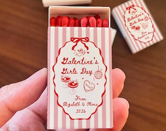 Retro Valentine’s Girls Day Matchbox, Personalized Galentine Favor, Vintage Pink Stripe Matchbox, Best Friends Gift, Galentine Girls Club