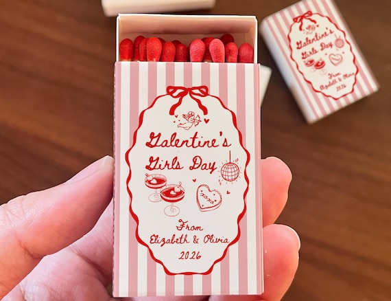 Retro Valentine’s Girls Day Matchbox, Personalized Galentine Favor, Vintage Pink Stripe Matchbox, Best Friends Gift, Galentine Girls Club