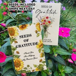 May include: A brown card with a floral design and the text "Seeds of Gratitude" and "Thank You for Helping My Business Grow".