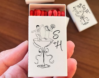 Cerillas de boda personalizadas • Dibujo de novios • Cajas de cerillas con iniciales de boda • Decoración única para recuerdos de boda