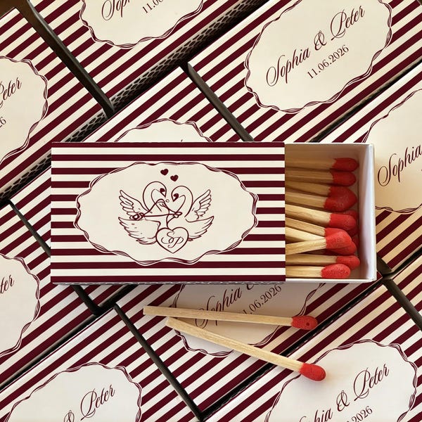 Personalized Swan Wedding Matchboxes, Custom Vintage Stripe Match Box, Wedding Favor Matches, Bridal Shower Matchboxes, Wedding Guest Gift