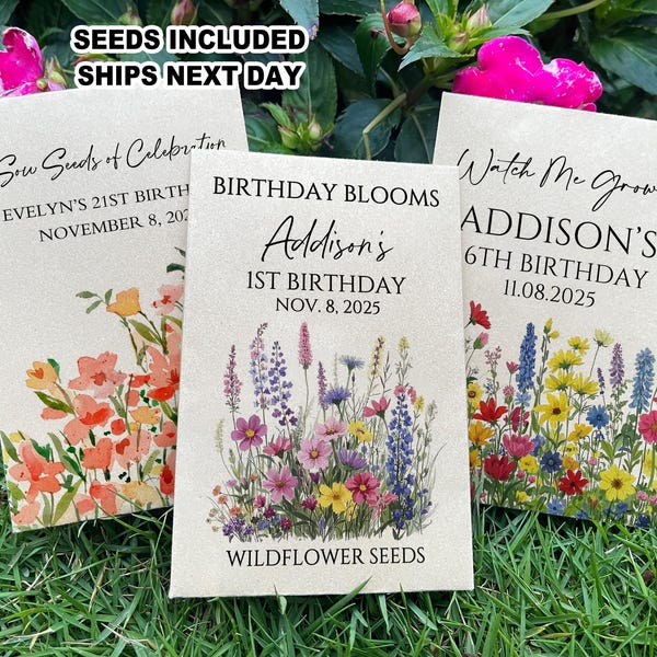 Birthday Blooms Seed Packets/Personalized Birthday Favors for Guests/1st Birthday Gifts/Sweet 16 Favors/40th 50th 60th Flower Birthday Cards