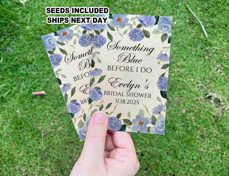May include: A light blue and white floral design with the text "Something Blue Before I Do Evelyn's Bridal Shower 11.18.2025".