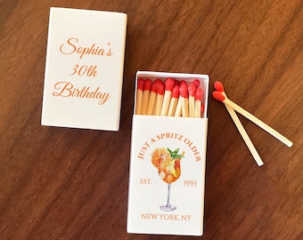 Just a Spritz Older Birthday Matchbox Favors, Spritz Cocktail Birthday Theme Matches, NYC Custom Party Decor, Printed Matchbooks for Guests