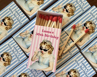 Personalized Striped Birthday Matchboxes, Custom Photo Matchbook, 30th Birthday Party Favors, Retro Girl Birthday Matches, Cute Party Decor