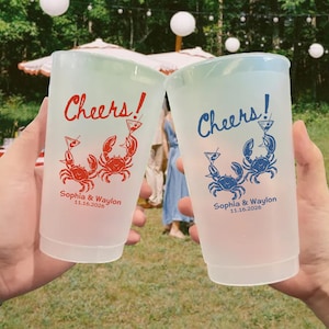Custom Crab Wedding Cups, Personalized Coastal Party Cups, Beach Theme Frosted Cups, Engagement Bridal Shower Beach Party Cheers Cups