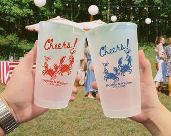 Custom Crab Wedding Cups, Personalized Coastal Party Cups, Beach Theme Frosted Cups, Engagement Bridal Shower Beach Party Cheers Cups