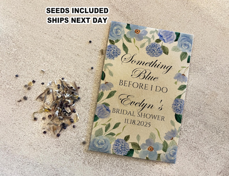 May include: A light blue and brown card with watercolor flowers and the text "Something Blue Before I Do Evelyn's Bridal Shower 11.18.2025"