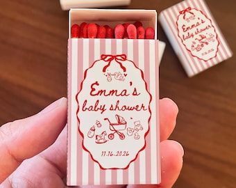 Personalized Baby Shower Matches, Retro Stripe Matchboxes with Bow Design, Custom Name Baby Shower Party Favors