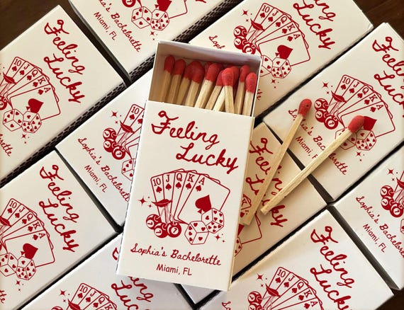 Feeling Lucky Matchboxes • Bachelorette Party Favors • Vegas Casino Theme Matches • Custom Bachelorette Gifts • Girls Night Keepsakes