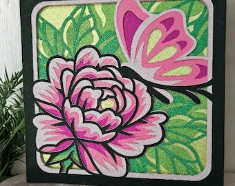 Layered Glitter Peony and Butterfly Shadow Box | Handmade 3D Paper Art | Floral Wall Decor | Mothers Day Gift | Garden Room Decor
