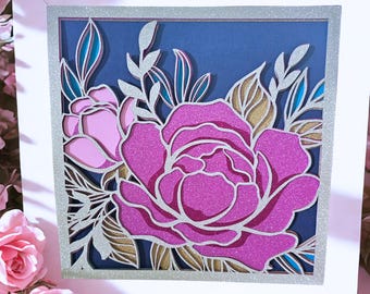 3D Sparkly Pink Rose Shadow Box – Handmade Layered Paper Art in White Frame – Romantic Floral Wall Decor, Personalized Gift