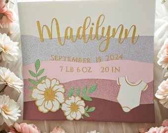 Custom Baby Girl Birth Stat Sign | Layered Glitter Paper Art | Floral Nursery Decor | Personalized Newborn Gift | Madilynn Design