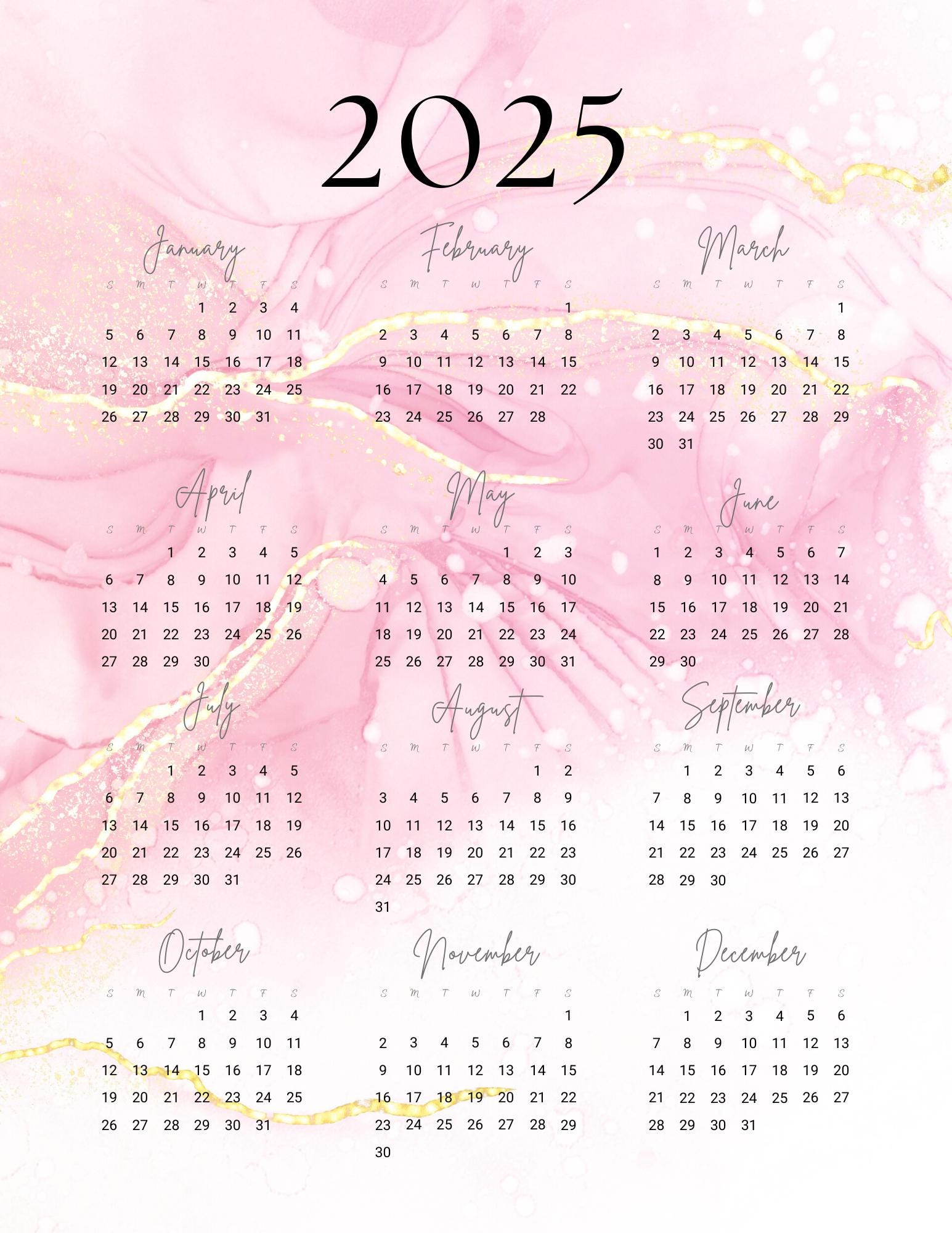2025 Glam Wall Calendar | Pink Marble & Gold Glitter | Digital Download