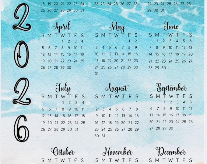Featured listing image: 2026 Watercolor Year-at-a-Glance Calendar Print | Minimal Coastal Blue Wall Calendar