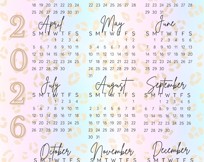 Featured listing image: 2026 Pastel Leopard Yearly Calendar | Printable One-Page Calendar | Minimal Planner Insert