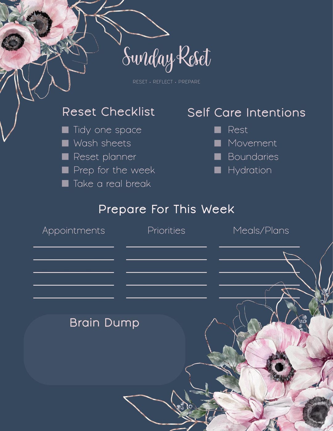 Sunday Reset Planner Page | Weekly Reset Checklist & Brain Dump - Etsy