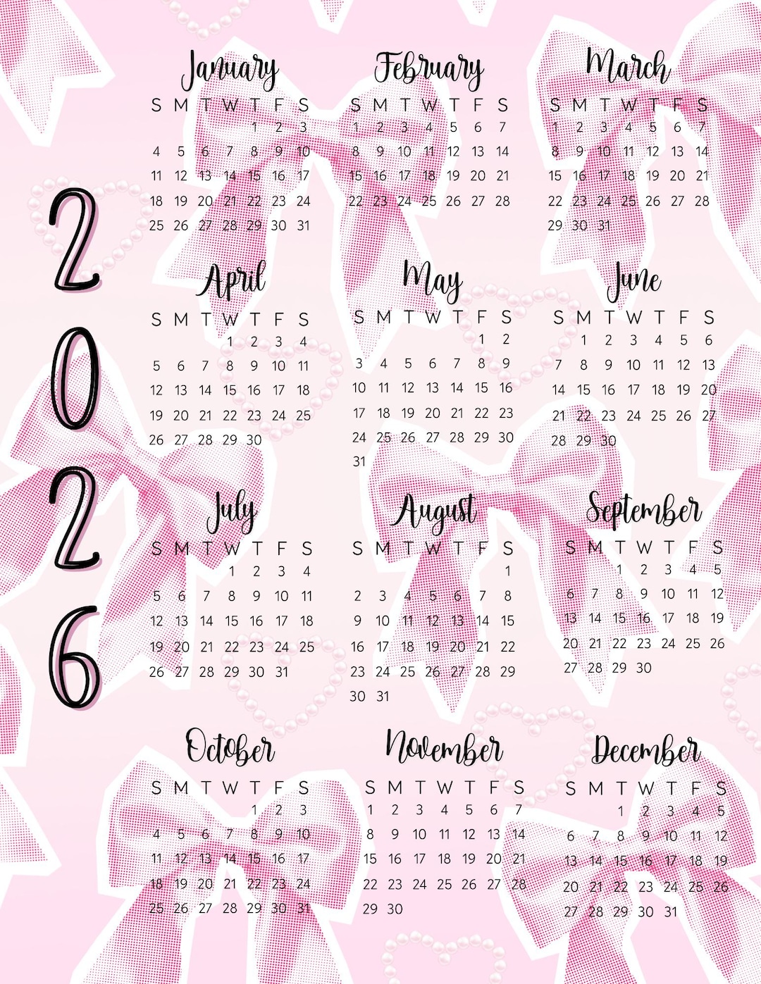 2026 Pink Bow Calendar | Girly Planner Insert (digital Download) - Etsy