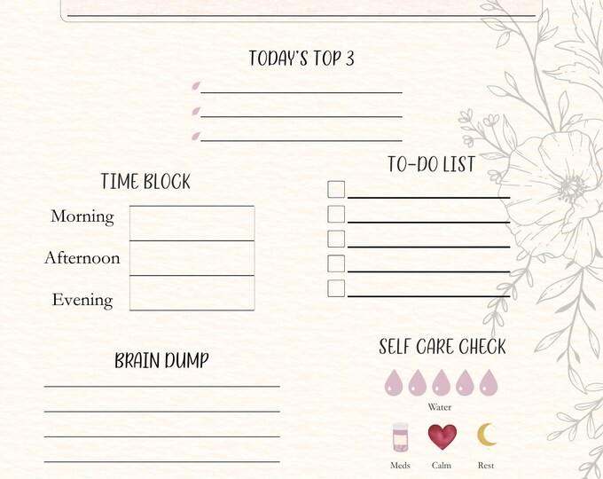 Featured listing image: Floral Daily Planner Printable | ADHD Friendly, Self Care (PDF Format)