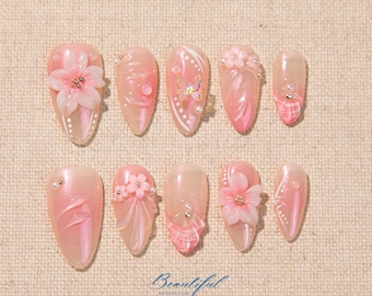 Uñas florales rosas prensadas / Arte de uñas floral suave / Uñas francesas elegantes / Uñas románticas / Regalo para novia, boda, fiesta, día de San Valentín