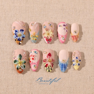 Tropical Floral 3D Press-On Nails: Exotic Crystal Statement Nails