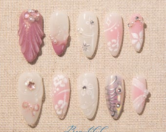 Pink cat eye press on nails / White small flowers, silver butterfly wings, pink bows / Wedding nails / Elegant nails / Gift for her