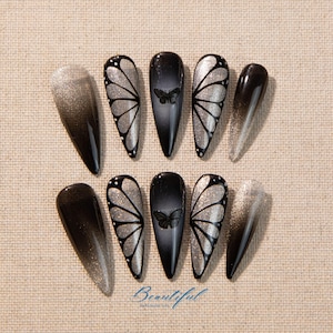 Gothic Butterfly Press On Nails: Black Gradient Wing Art, Handmade