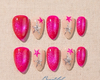 Hand-Painted Pink Cat Eye Press-On Nails: Silver Star Accents
