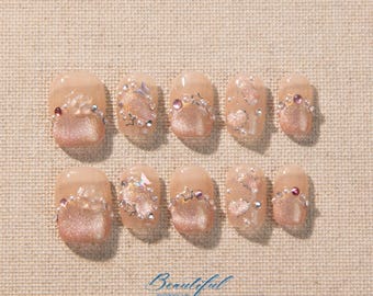 Butterfly Starry Sky Press On Nails: Pink Cat Eye Nail Art