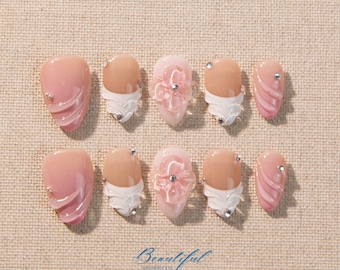 3D Floral Press On Nails: White French Tip, Elegant Pink Gel