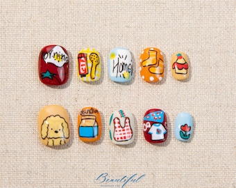 Uñas postizas reutilizables de perro pintadas a mano, estilo kawaii.
