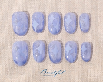 Handmade Baby Blue Galaxy Press-On Nails: Glitter Star Oval Fake Nails