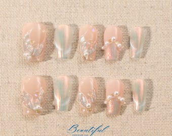 Verträumte Mermaid Press On Nails: Perle, Glitzer, 3D Gel, Ballerina Form